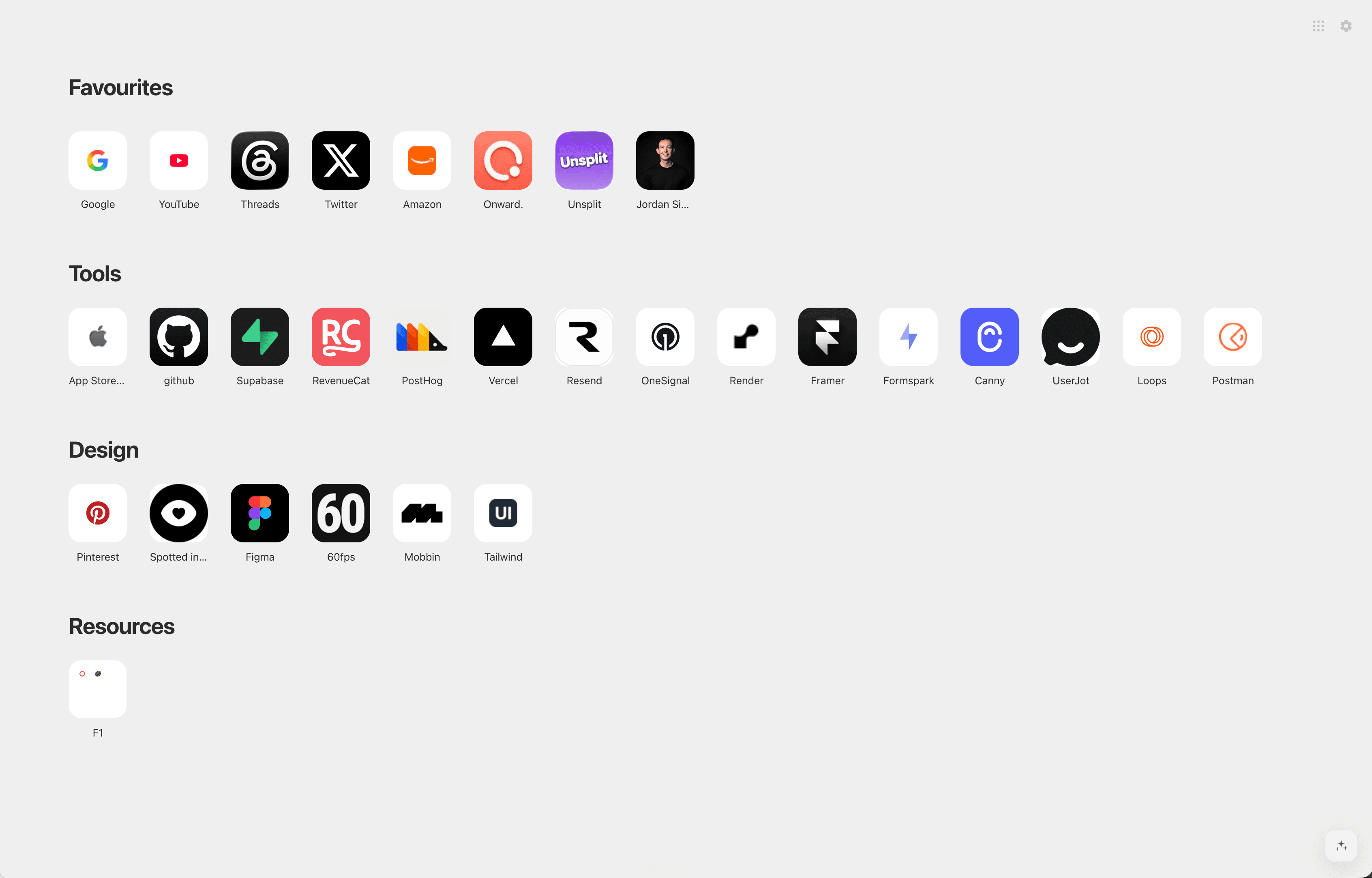 Favourites New Tab page with bookmark sections