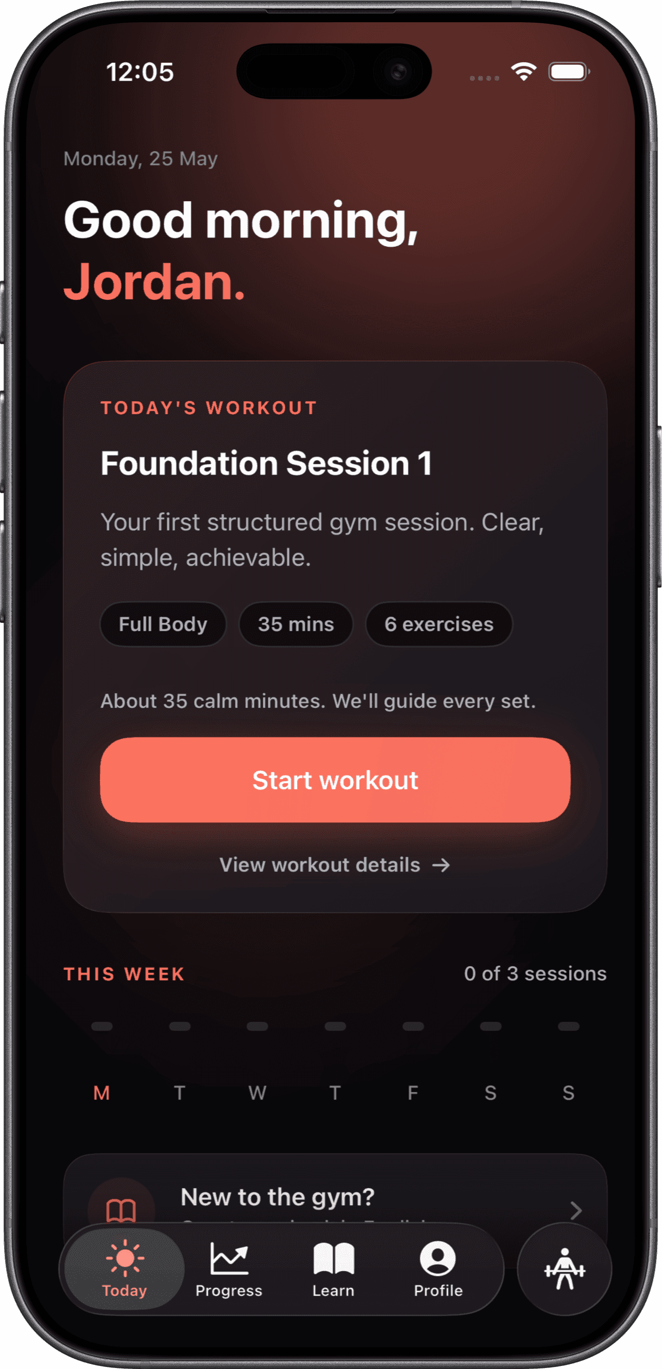 Onward on iPhone, showing today’s beginner workout